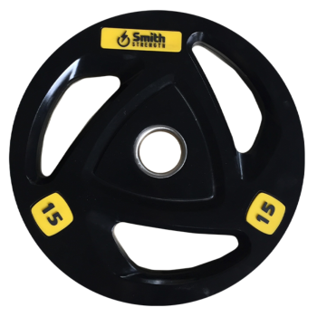Диск для штанги c 3-м хватом, обрезиненный, втулка из нержавеющей стали, Smith WP085 15 кг