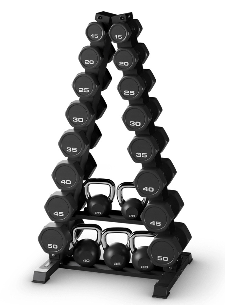 Стойка вертикальная для хранения набора гантелей (на 8 пар) с полками для гирь. Matrix MAC-AFDB-RAC-SF-8